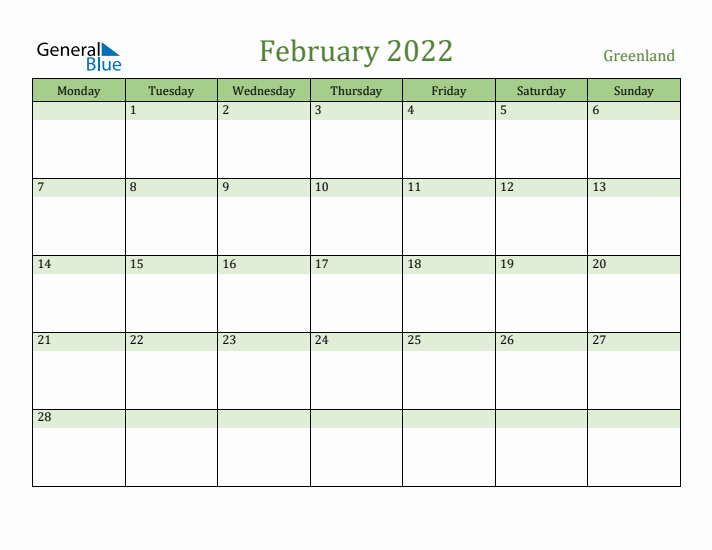 February 2022 Calendar with Greenland Holidays