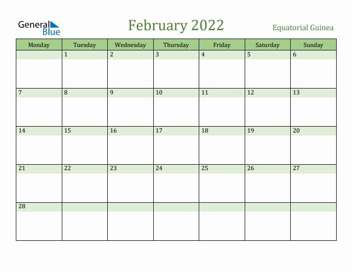 February 2022 Calendar with Equatorial Guinea Holidays