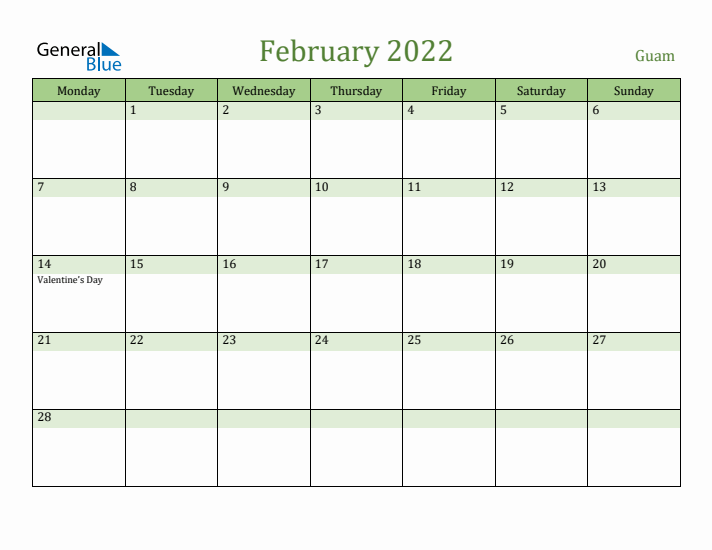 February 2022 Calendar with Guam Holidays