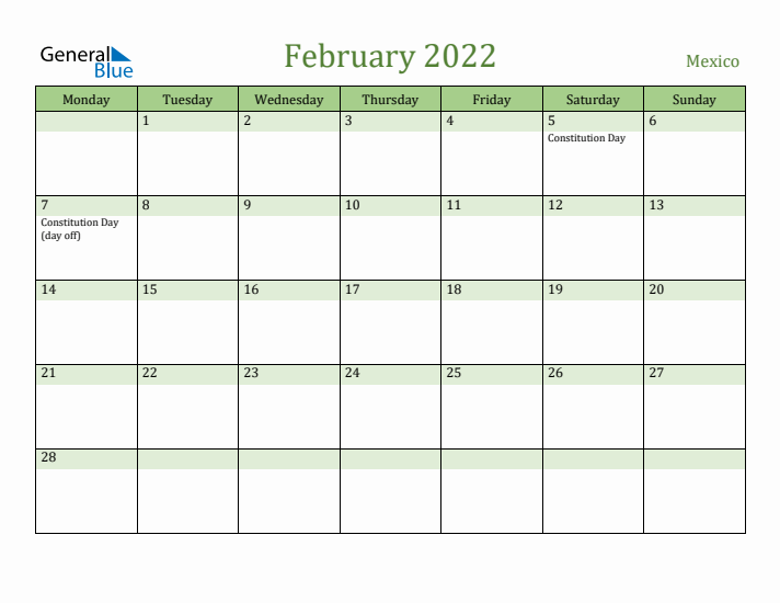 February 2022 Calendar with Mexico Holidays