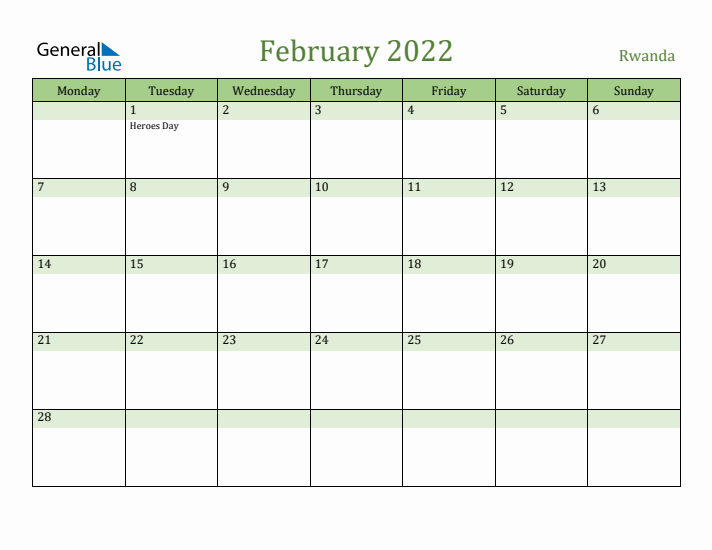 February 2022 Calendar with Rwanda Holidays