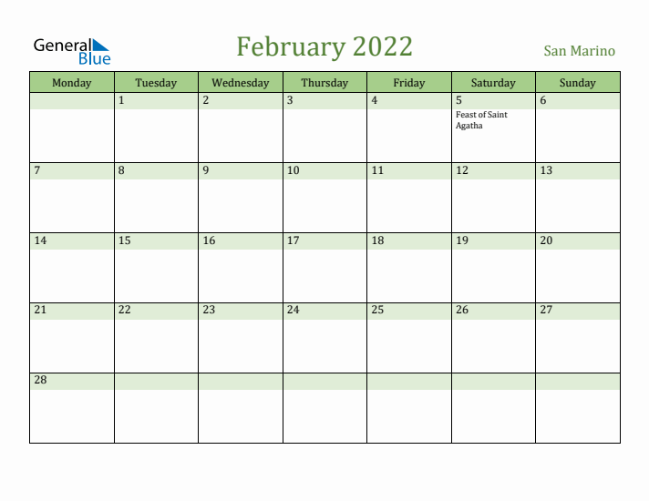 February 2022 Calendar with San Marino Holidays