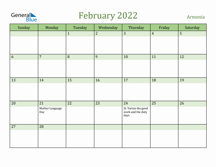 February 2022 Calendar with Armenia Holidays