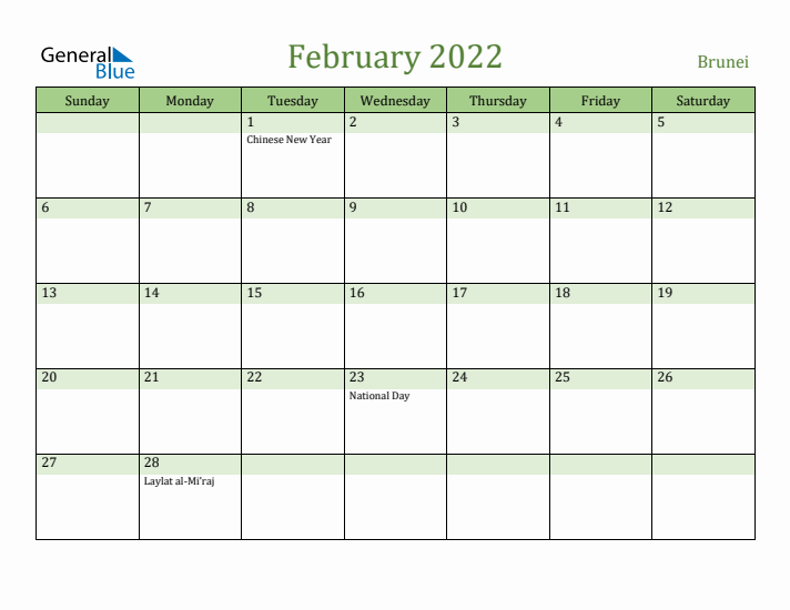 February 2022 Calendar with Brunei Holidays