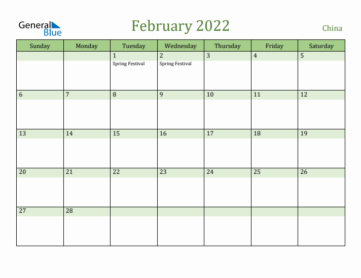 February 2022 Calendar with China Holidays