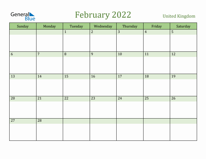 February 2022 Calendar with United Kingdom Holidays