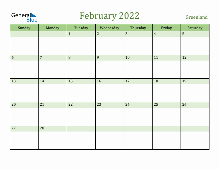 February 2022 Calendar with Greenland Holidays