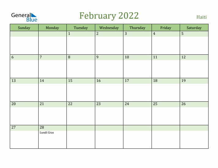 February 2022 Calendar with Haiti Holidays