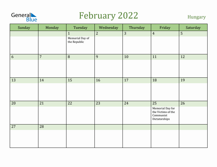 February 2022 Calendar with Hungary Holidays