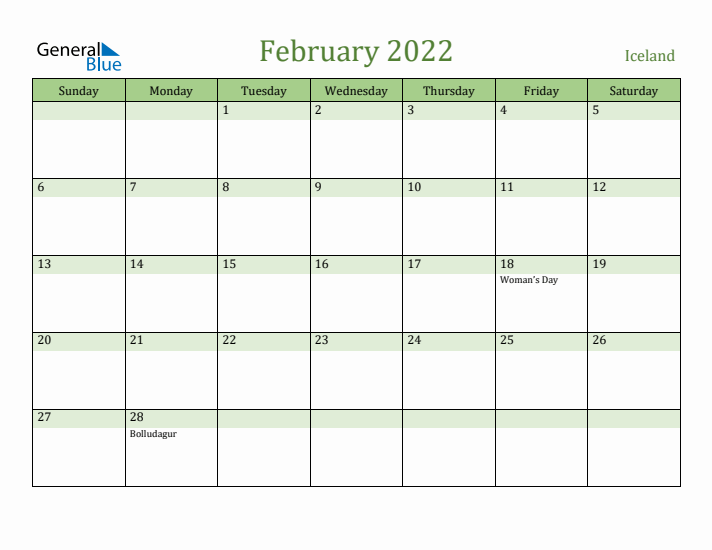 February 2022 Calendar with Iceland Holidays