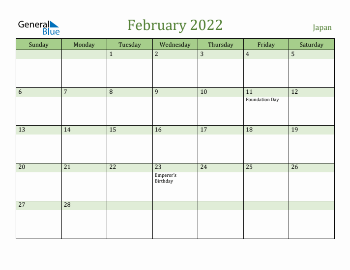 February 2022 Calendar with Japan Holidays