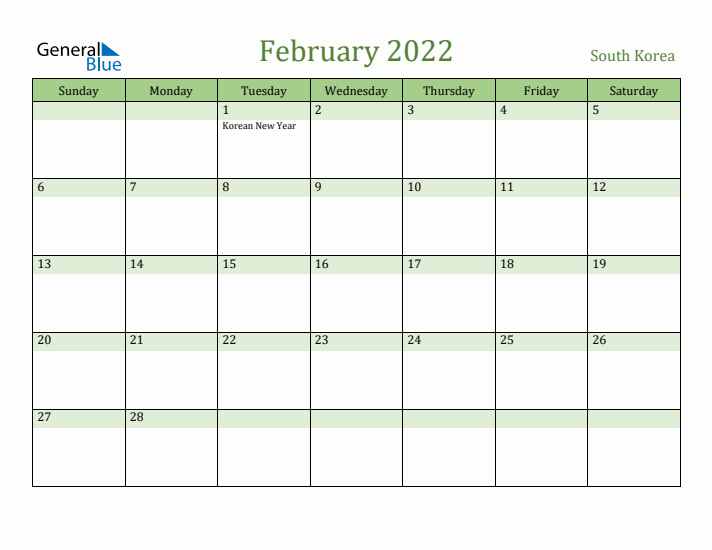 February 2022 Calendar with South Korea Holidays