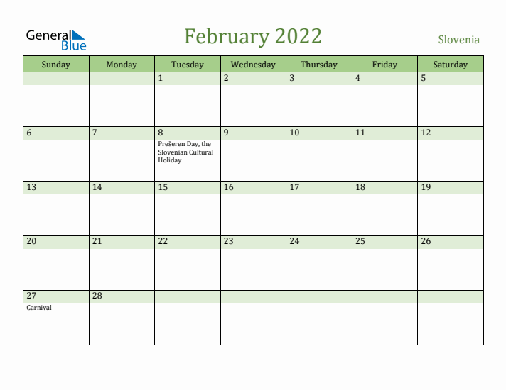 February 2022 Calendar with Slovenia Holidays