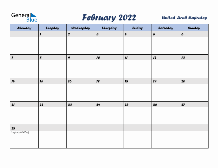 February 2022 Calendar with Holidays in United Arab Emirates