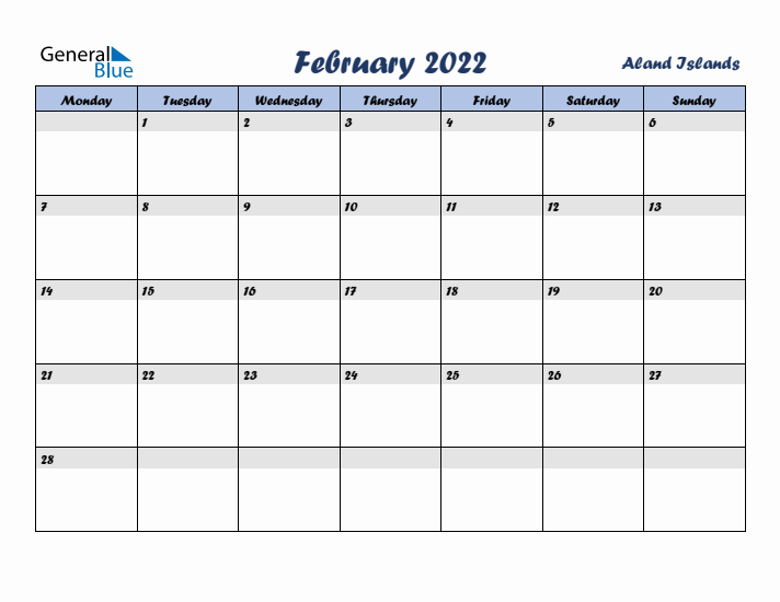 February 2022 Calendar with Holidays in Aland Islands