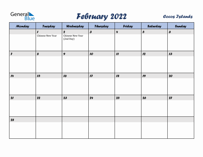 February 2022 Calendar with Holidays in Cocos Islands