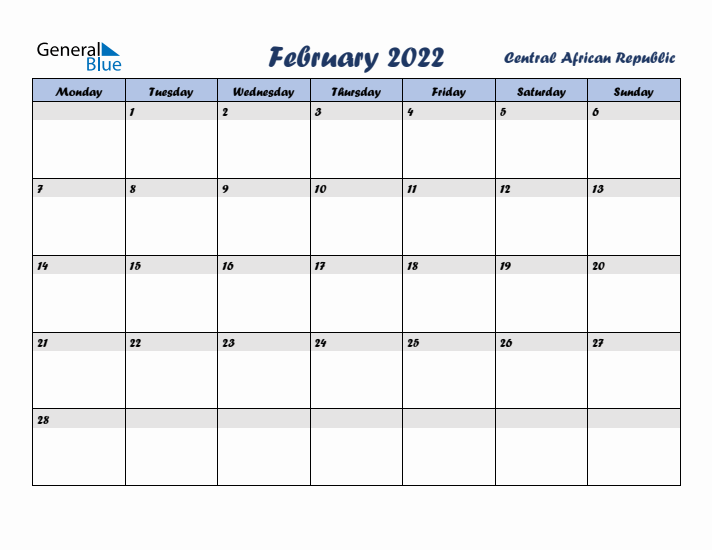 February 2022 Calendar with Holidays in Central African Republic