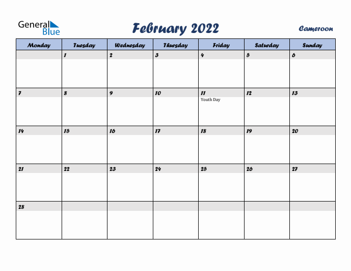 February 2022 Calendar with Holidays in Cameroon