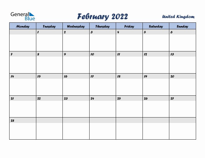 February 2022 Calendar with Holidays in United Kingdom