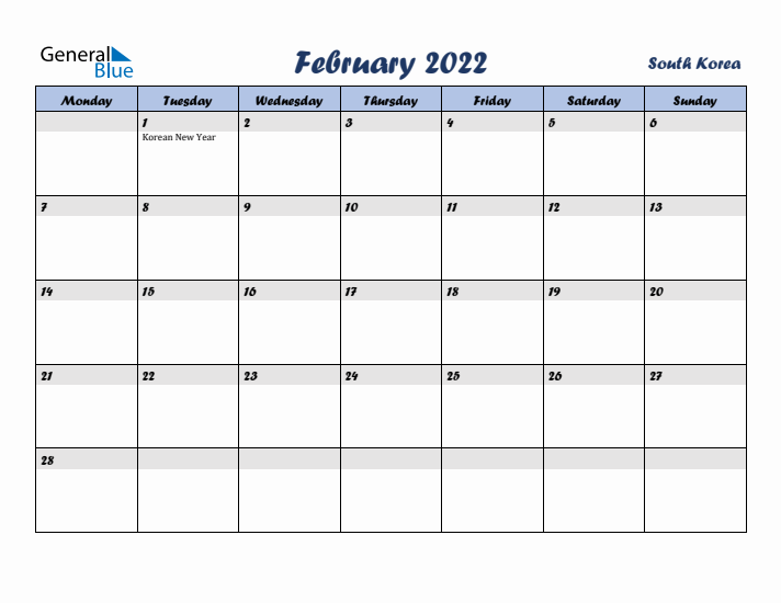 February 2022 Calendar with Holidays in South Korea