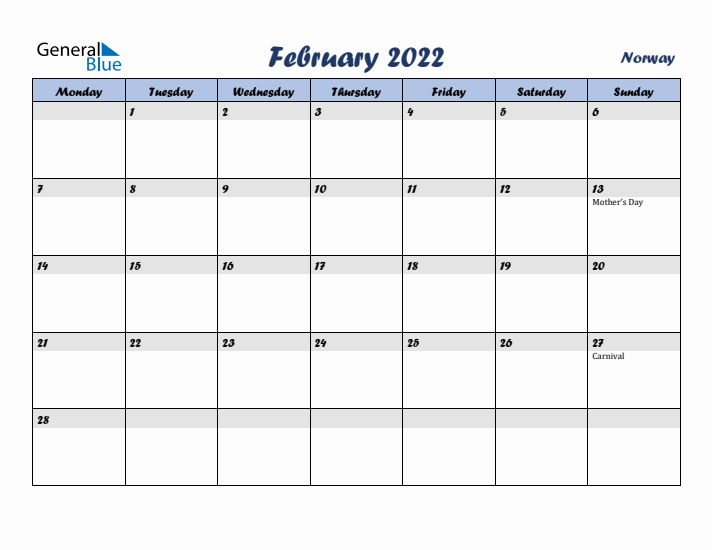 February 2022 Calendar with Holidays in Norway