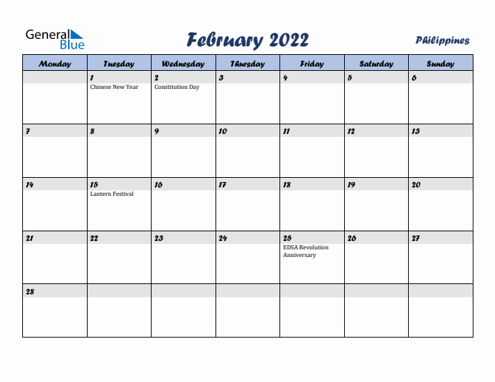 February 2022 Calendar with Holidays in Philippines