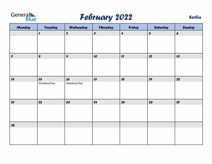 February 2022 Calendar with Holidays in Serbia