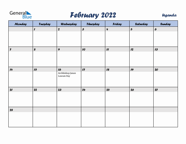 February 2022 Calendar with Holidays in Uganda