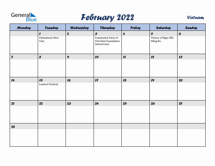 February 2022 Calendar with Holidays in Vietnam