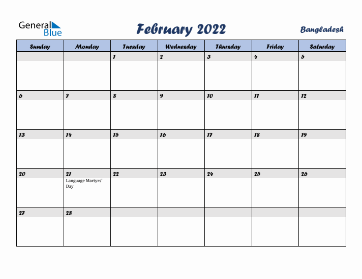 February 2022 Calendar with Holidays in Bangladesh