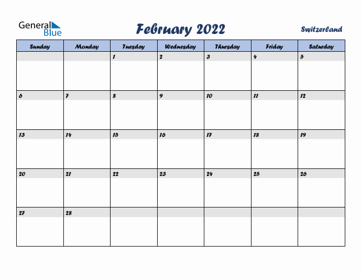 February 2022 Calendar with Holidays in Switzerland