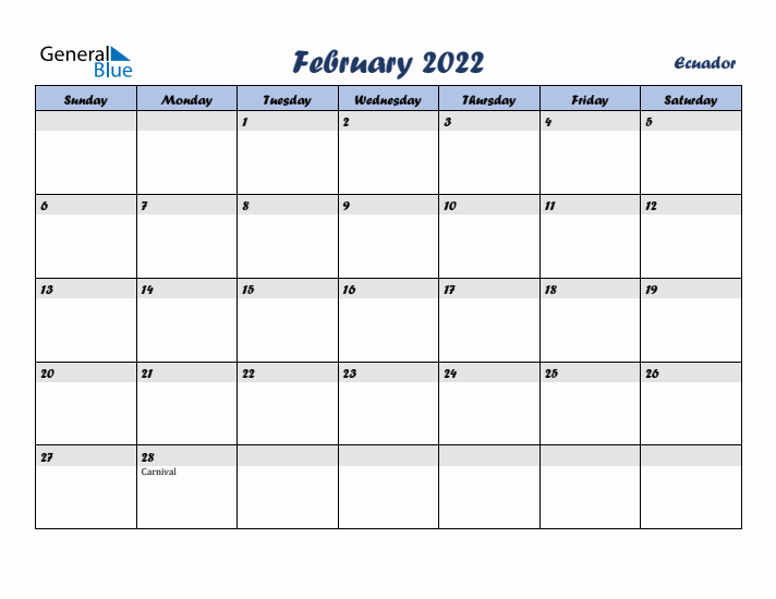 February 2022 Calendar with Holidays in Ecuador