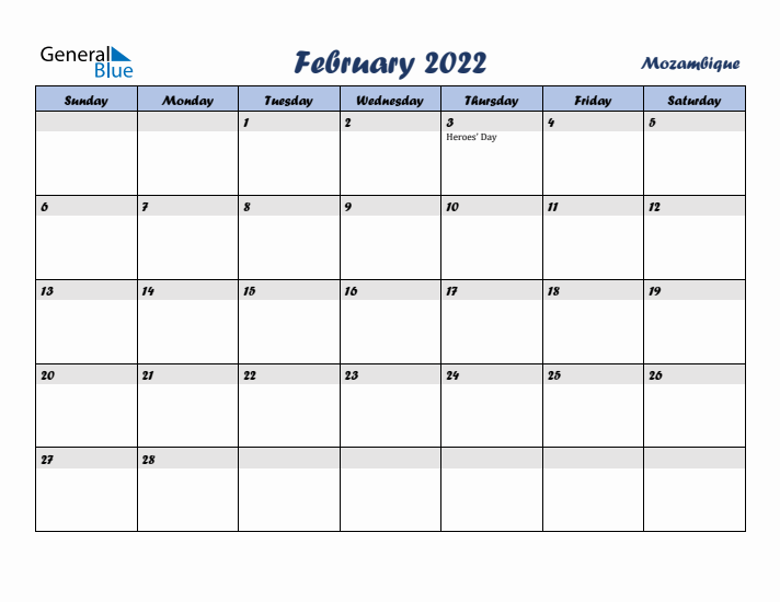 February 2022 Calendar with Holidays in Mozambique