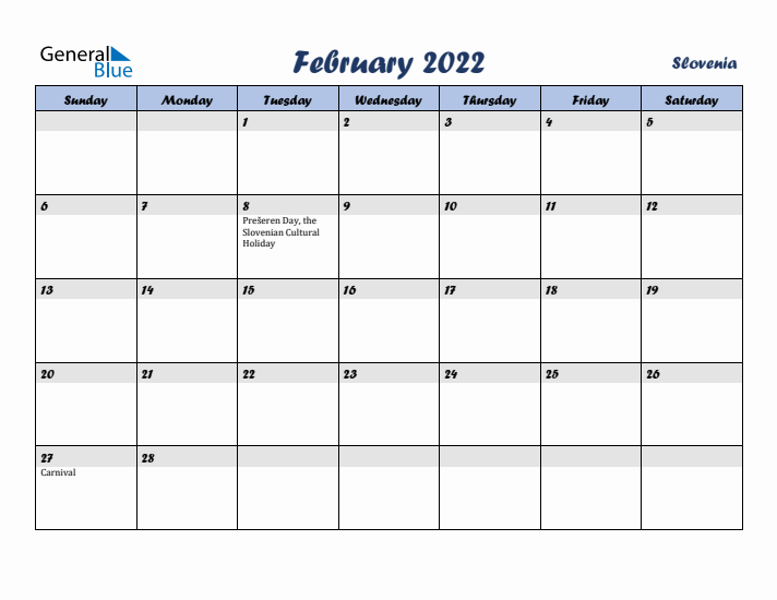 February 2022 Calendar with Holidays in Slovenia