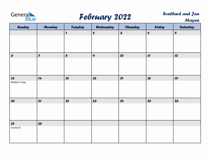 February 2022 Calendar with Holidays in Svalbard and Jan Mayen