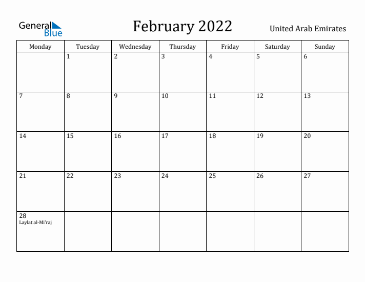 February 2022 Calendar United Arab Emirates