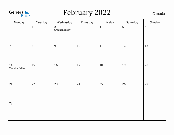 February 2022 Calendar Canada