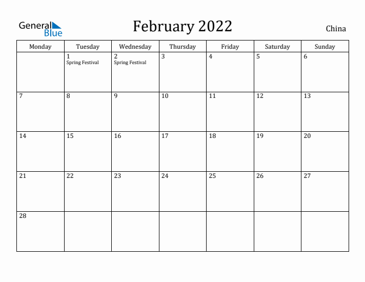 February 2022 Calendar China