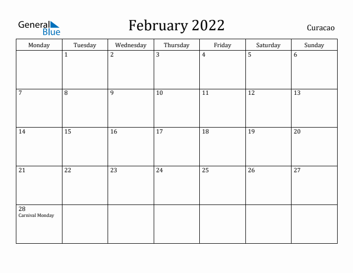 February 2022 Calendar Curacao