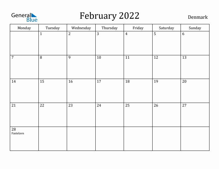 February 2022 Calendar Denmark