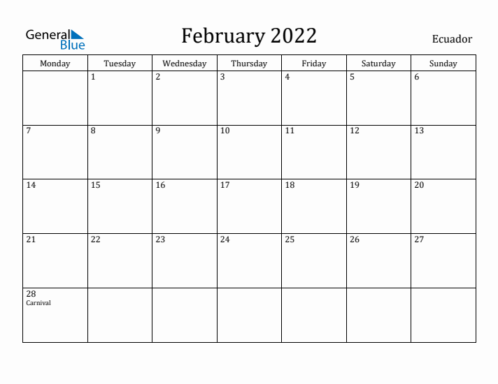 February 2022 Calendar Ecuador