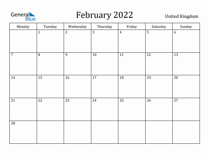 February 2022 Calendar United Kingdom