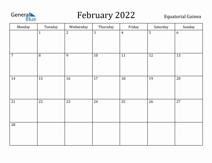 February 2022 Calendar Equatorial Guinea