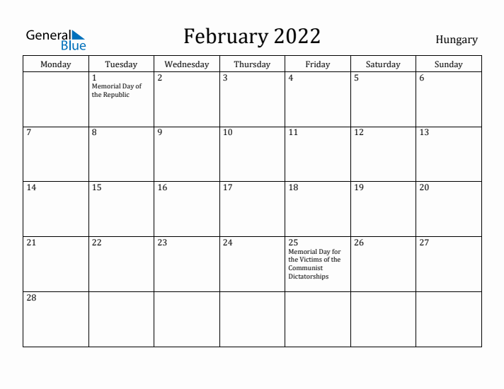 February 2022 Calendar Hungary