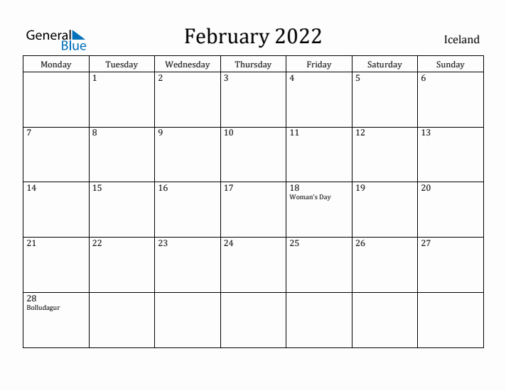 February 2022 Calendar Iceland