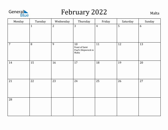 February 2022 Calendar Malta