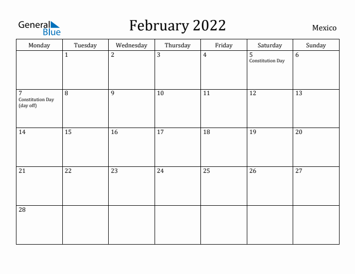 February 2022 Calendar Mexico