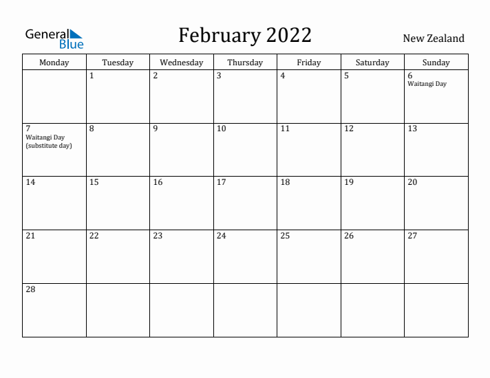 February 2022 Calendar New Zealand