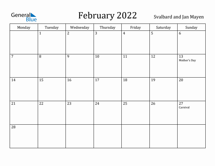 February 2022 Calendar Svalbard and Jan Mayen