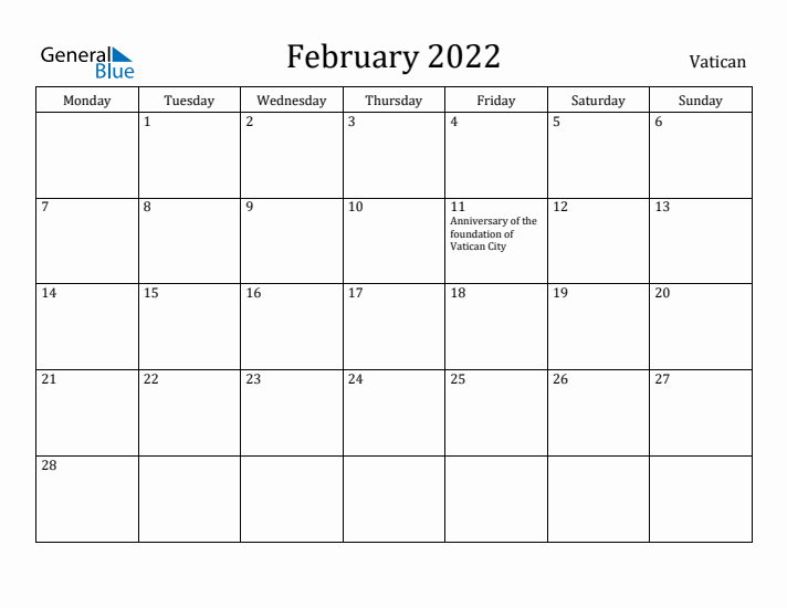 February 2022 Calendar Vatican